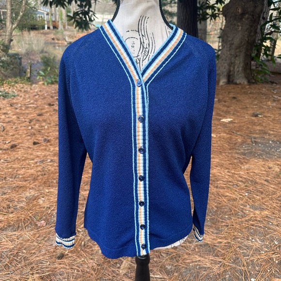 Vintage 1970s Talbott Travler Blue Textured Knit Cardigan Varsity Trim M Dacron - Picture 14 of 15